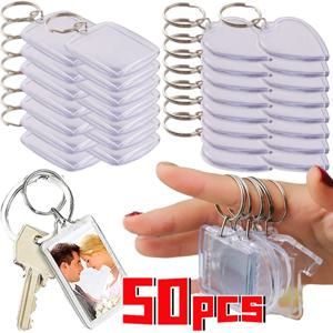 5/50pcs 투명 사각형 빈 투명 아크릴 삽입 사진 그림 프레임 열쇠 고리 키 체인 DIY 분할 링 열쇠 고리 선물