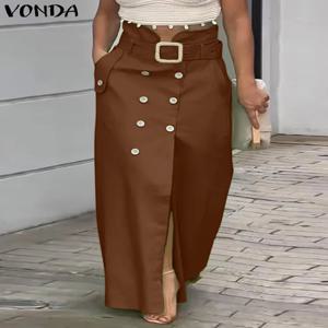 VONDA 여성 우아한 스커트 2025 캐주얼 허리띠 버튼 디자인 슬릿 롱 오버 스커트 솔리드 컬러 Office Lady Bottoms Oversize