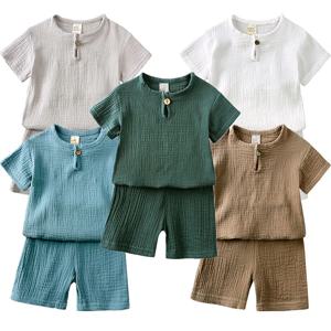 0-6Y 소년 소녀 모슬린 의류 세트 여름 솔리드 코튼 린넨 티셔츠 + 반바지 2Pcs 복장 아동 의류 캐주얼 세트 어린이를위한