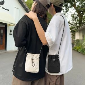 남녀공용 경량 크로스백, 쇼핑, 걷기용 미니 폰백, 열쇠, 동전 수납, 나일론 소재, 드로스트링, 숄더백