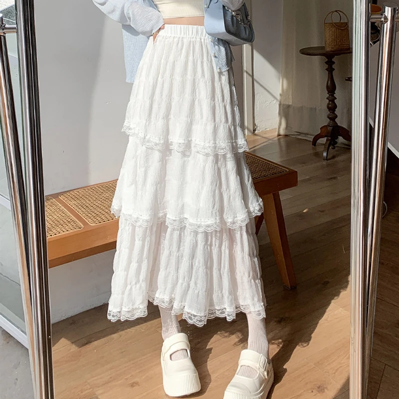 달콤한 레이스 여성 케이크 퍼프 쉬폰 스커트 여름 세련된 Tierred Pleated Hem 솔리드 롱 스커트 한국어 a 라인 하이 웨스트 스커트