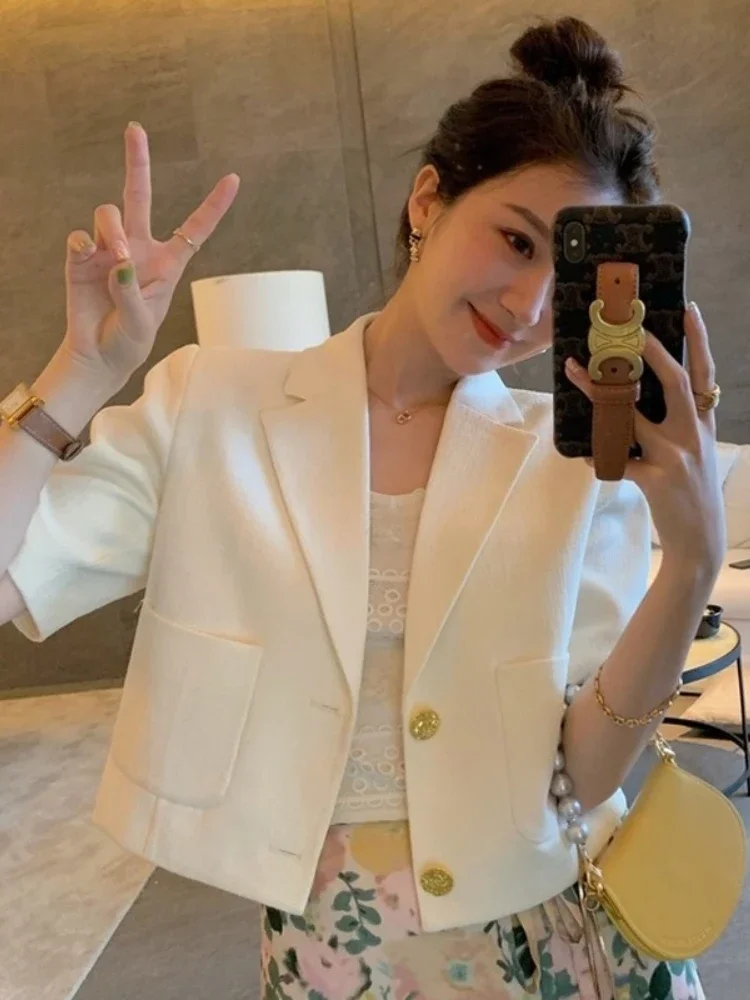 여성을위한 한국 패션 사무 작업 블레이저 우아함 캐주얼 단순 정장 재킷 솔리드 컬러 여름 반바지 슬리브 여성 블레이저