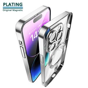 고급 무선 자기 용 도금 케이스아이폰16 15 14 Plus 17 Air 11 12 13 Pro Max Apple Magsafe Iphone 자석투명금속고리및보라색 유리카메라렌즈막