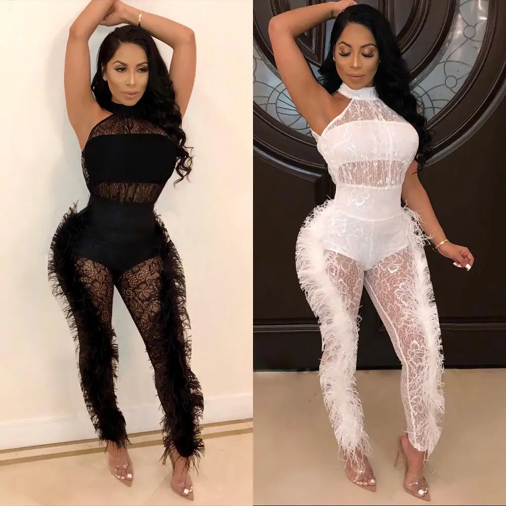 Bkld rompers womens jumpsuit 패션 새 깃털 레이스 패치 워크 2019 옷 여성 여름 검은 섹시한 클럽 점프 슈트를 통해 볼