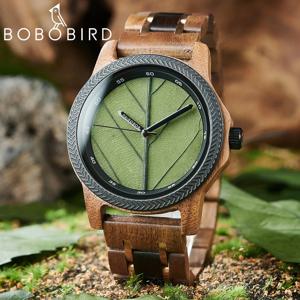 BOBO BIRD 나무 남자 시계 수제 잎 다이얼 사용자 정의 축복 자연 손목 시계 독특한 나무 선물 지원 Dropshipping