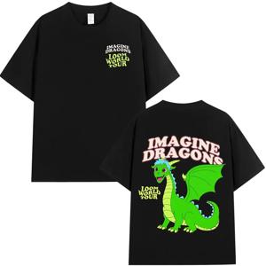 Imagine Dragons Loom 월드 투어 2024 T 셔츠 록 밴드 만화 드래곤 티셔츠 남성 여성 고품질 코튼 반팔 Tshirt