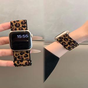 Apple Watch Series 7 6 5 4 3 SE 용 iWatch 조정 가능한 레오파드 스트랩과 호환되는 레오파드 스트레치 나일론 시계 밴드