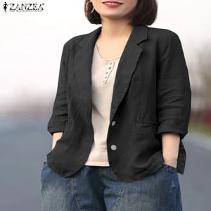 ZANZEA 루즈 캐주얼 블레이저 여성 2024 가을 통근 솔리드 컬러 퓨어 코튼 정장 재킷 레저 품위있는 긴 소매 블레이저