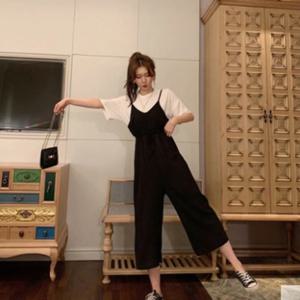 플러스 사이즈 여성 여름 와이드 레그 팬츠 세트 캐주얼 루즈핏 티셔츠 & 퀼로트 앙상블 한국 스타일 나인 포인트 팬츠