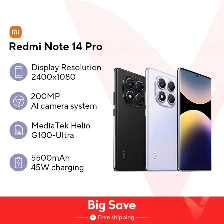 월드 프리미어 글로벌 버전 Xiaomi Redmi Note 14 Pro 4G 스마트폰 200MP AI 카메라 MediaTek Helio G100-Ultra 6.67