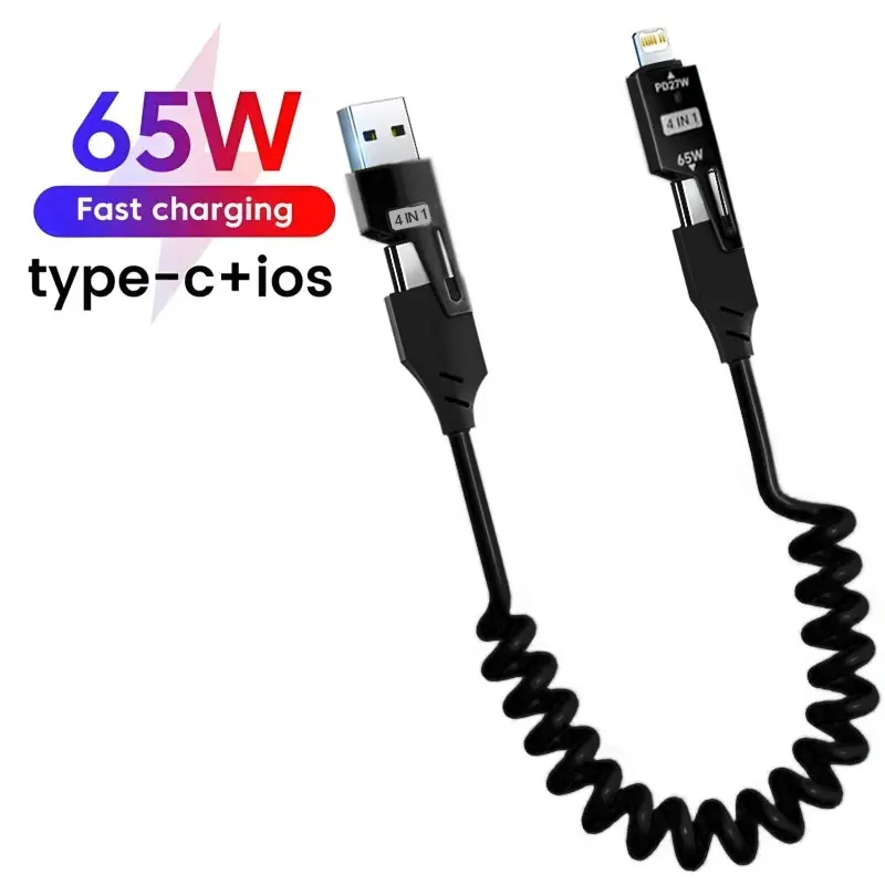 4 in 1 65W 스프링 짧은 데이터 케이블 6A USB 유형 C 스프링 텔레스코픽 빠른 충전기 와이어 스프링 USB 케이블(iPhone 15 14 13 12)