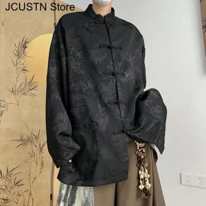남성 힙합 고딕 탑 중국 스타일 자카드 드래곤 셔츠 하라주쿠 블라우스 새틴 streetwear 긴 소매 당나라 옷
