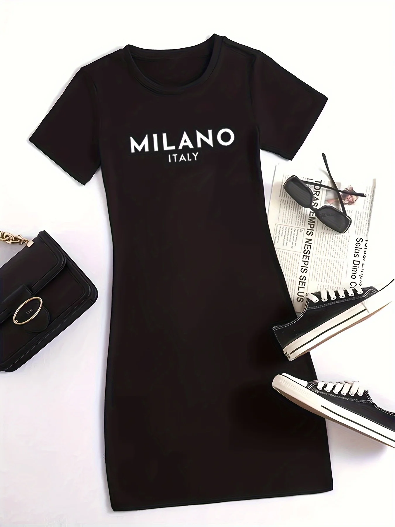 여름 신작 여성 MILANO ITALY 편지 패턴 만화 프린트 캐주얼 슬림 피트 섹시한 반팔 라운드 넥 티셔츠 미니 드레스