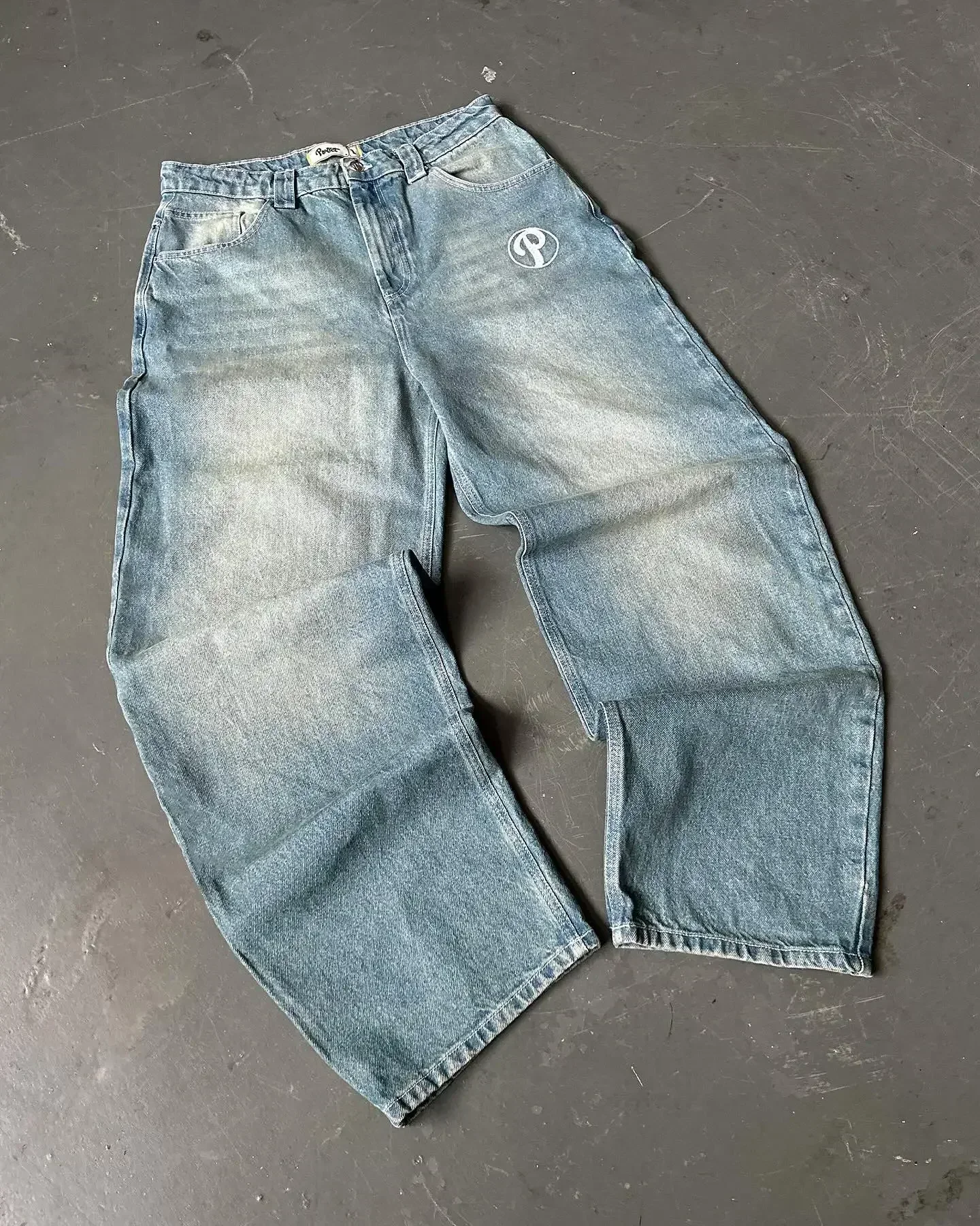 PROTECT streetwear 청바지 y2k 남성 청바지 하라주쿠 힙합 편지 자수 빈티지 블루 헐렁한 바지 하이 웨이스트 와이드 레그 바지