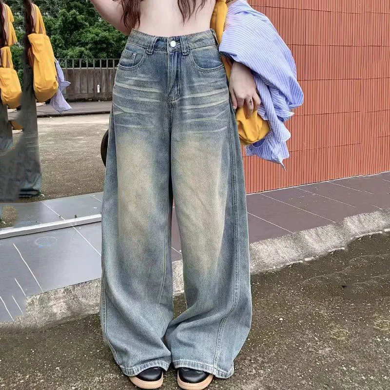 봄 여름 빈티지 Chicly Button Jeans 여성 미국의 간단한 헐렁한 하이 웨이스트 데님 바지 Y2K 와이드 레그 진 바지