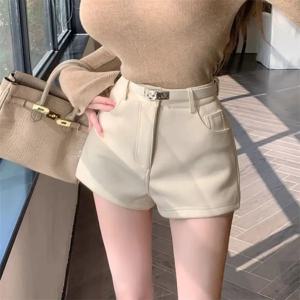 하이웨이스트 솔리드 컬러 여름 반바지 슬림핏 캐주얼 야외 핫팬츠 트렌디하고 세련된 와이드 레그 팬츠 여성용