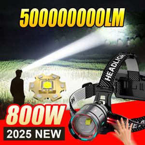 2025 새로운 높은 전력 800W LED 헤드 라이트 500000000LM 슈퍼 밝은 줌 방수 전조등 야외 캠핑 작업 사냥 랜턴