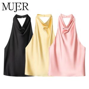MUJER 2025 여성용 홀터넥 탑 블랙 새틴 백리스 탑 여성 핑크 여름 비치 탑 여성 오프숄더 캐미솔 탑