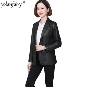 YOLANFAIRY 정품 가죽 코트 여성 양피 자켓 정장 재킷 짧은 슬림 싱글 가죽 의류 우아한 숙녀 새로운 가을