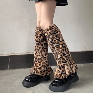 Y2K 겨울 모피 하라주쿠 카와이 로리타 섹시한 레오파드 패턴 허벅지 가터, 양말 및 양말
