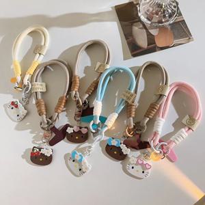 애니메이션 산리오 헬로키티 펜던트 휴대폰 케이스 랜야드 KT 고양이 단색 직조 벨트 휴대용 짧은 펜던트 만능 선물