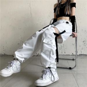 streetwear 봄 여름 카고 바지 여성 하라주쿠 슬림 펑크 리본 조깅 신축성있는 허리 발목 길이 바지 여성용