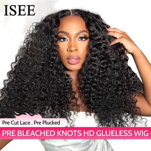 착용 가발 ISEE HAIR PreBleached Knots Kinky Curly HD 레이스 글루리스 인간 가발 준비 완료 프리 컷 레이스 PrePlucked Hairline Wig