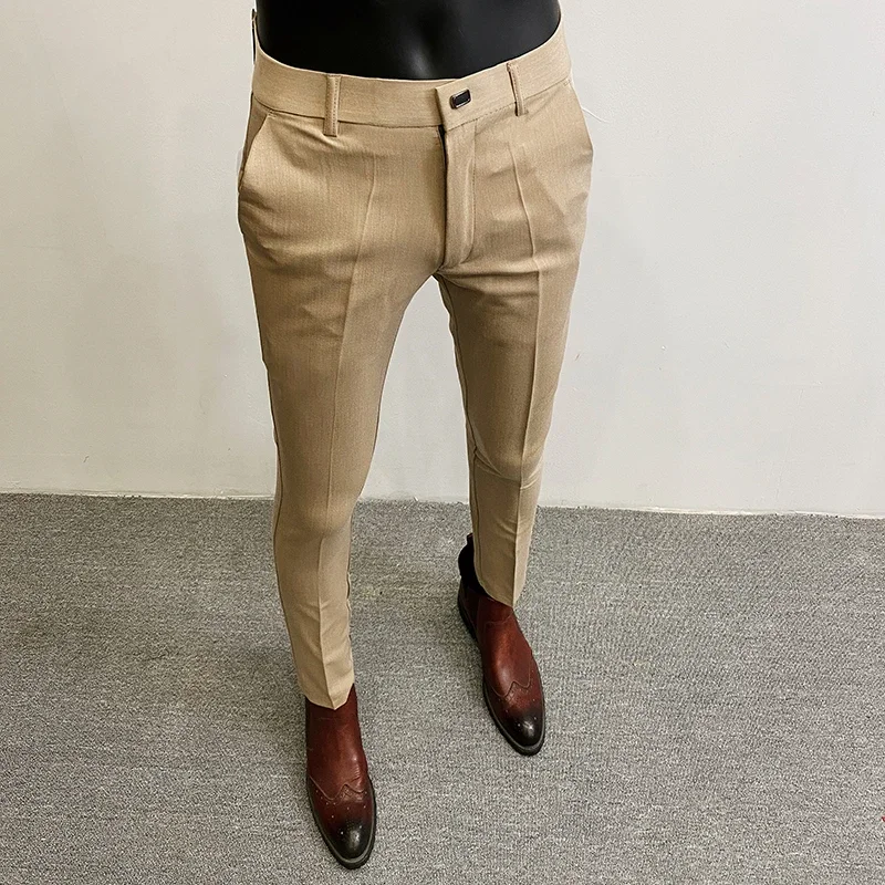 남성 정장 바지 정장 바지 Pantalone Hombre 스트레치 슬림 솔리드 컬러 캐주얼 드레스 전체 길이 바지 패션 새로운 남성 의류