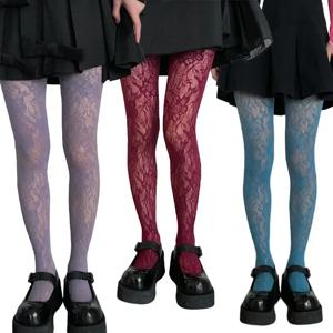 Y2k 패션 고딕 꽃 속이 빈 섹시한 팬티 스타킹 여성 Fishnet 와인 레드 Ins Hot Girls JK 스타킹 고탄력 Hipster 레깅스