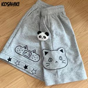 여성용 여름 반바지 만화 패치 워크 신축성있는 허리 와이드 레그 팬츠 일본 캐주얼 Pantalones Cortos De Mujer 2025 Bottoms