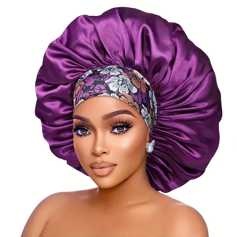여성용 초대형 실키 새틴 헤어 보닛 두꺼운 머리 수면 모자 탄성 밴드 비니 아프리카 Headwrap 꽃 터번 Chemo Caps