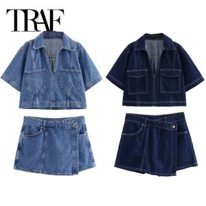 TRAF 블루 데님 셔츠 여성 반팔 자른 셔츠 여성 여름 짧은 탑 여성 streetwear Y2k 세련된 여성 블라우스