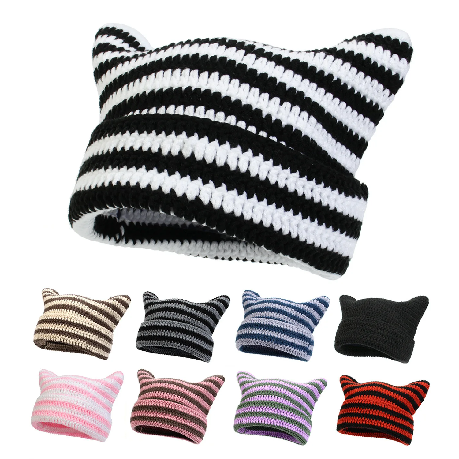 새로운 한국어 스타일 수제 크로 셰 뜨개질 아크릴 고양이 귀 여자 겨울 모자 줄무늬 가을 Beanies 따뜻한 소프트 보닛 Skullies 모자 선물