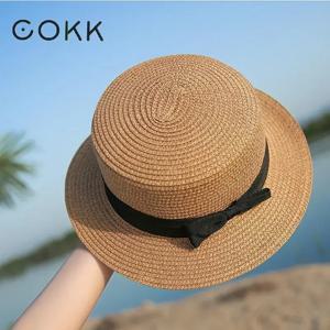 COKK 간단한 여름 해변 모자 여성 캐주얼 레이디 여성 플랫 브림 Bowknot 밀짚 모자 소녀 태양 야외 하이킹 Chapeu Feminino