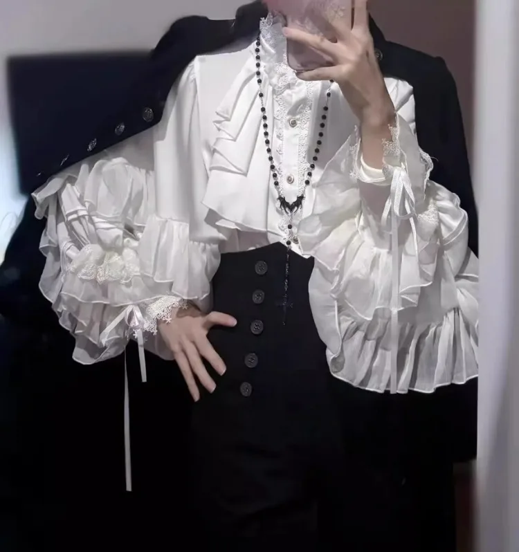일본 카와이 로리타 블라우스 여성 빈티지 랜턴 슬리브 셔츠 Y2k 미적 레이스 패치 워크 탑 탑 Cospaly JK Loose Blusas
