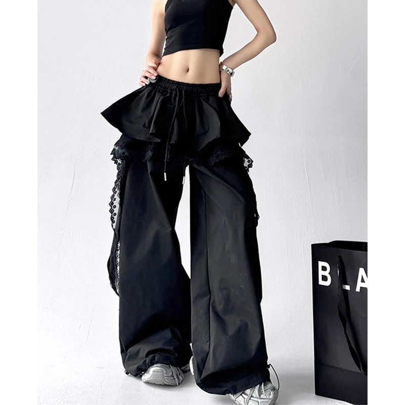 MEXZT Y2K 블랙 카고 바지 여성 streetwear 레이스 패치 워크 화이트 와이드 레그 팬츠 여름 갸루 하라주쿠 한국 헐렁한 바지 New