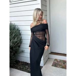 여성을위한 오프 숄더 롱 드레스 미적 의류 섹시한 나이트 드레스를 통해 볼 핫 클럽 복장 긴 소매 Vestidos De Mujer