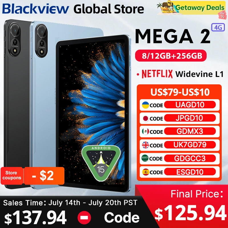 Blackview MEGA 2 안드로이드 15 태블릿 12인치 2K 디스플레이 36(12+24)GB 256GB Unisoc T615 9000mAh 배터리 Widevine L1 패드 PC