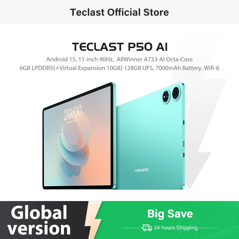 【신규】 안드로이드 15 Teclast P50Ai 태블릿 11인치 90Hz(6Gb+10Gb)최대 16Gbgb Ram 128Gb Lpddr5 1280X800 Allwinner A733-Ai Octa-Core
