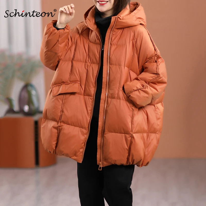 Schinteon 여성 화이트 오리 다운 재킷 후드 가을 겨울 따뜻한 아웃웨어 캐주얼 루즈 오버 사이즈 아웃웨어 두꺼운 코트 2023 신규