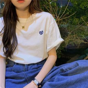 화이트 반팔 여성 봄 여름 신상 2023 자수 심플 디자인 루즈핏 INS 베이스 셔츠 탑 폴리에스터 섬유 95% 스판덱스 5%
