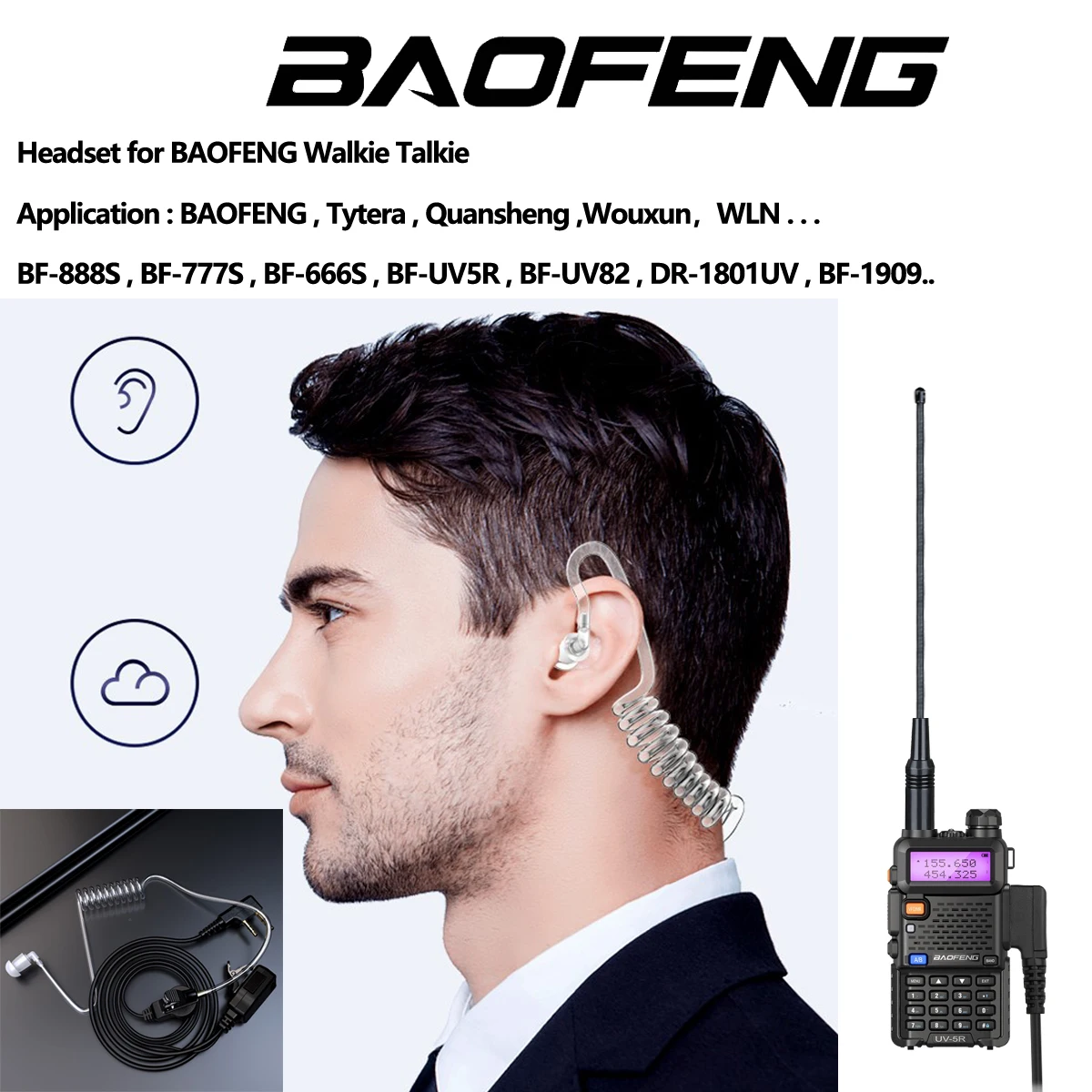 Quansheng UV-K5 헤드셋 헤드폰 이어폰, Baofeng UV5R 워키토키 캡셋, 켄우드 UV-5R UV82 UV-17 라디오 커뮤터