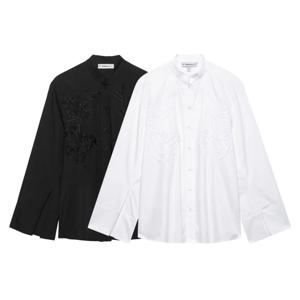 HipSeam 자수 셔츠 여성 봄 캐주얼 단순 여성 셔츠 여성 우아한 긴 소매 세련된 셔츠 & 블라우스