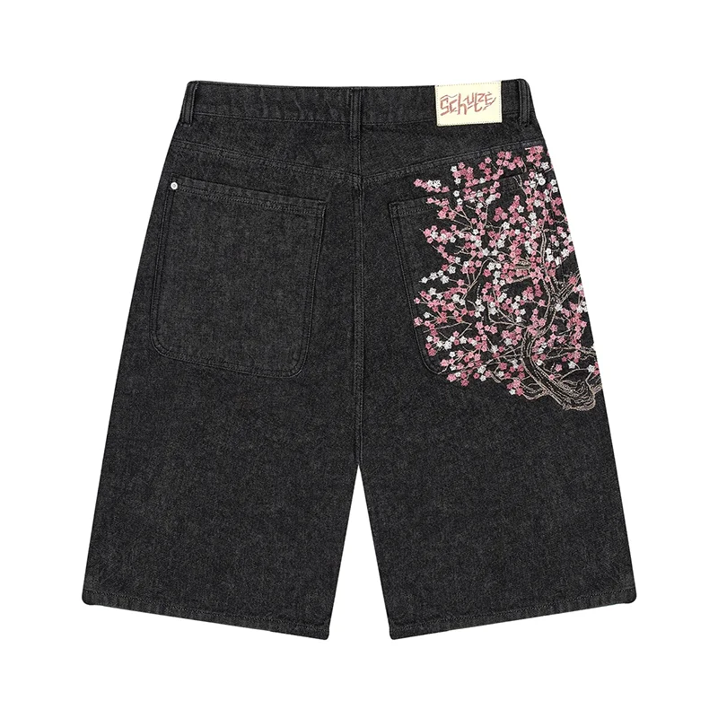 패션 레트로 벚꽃 패턴 자수 블랙 데님 반바지 고딕 힙합 남성 여성 다목적 캐주얼 streetwear 여름