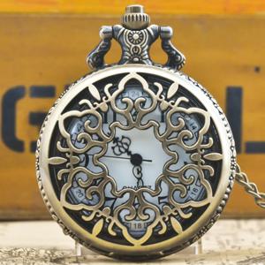 레트로 청동 Steampunk Openwork 꽃 플립 석영 소년과 소녀의 목걸이 기념 회중 시계