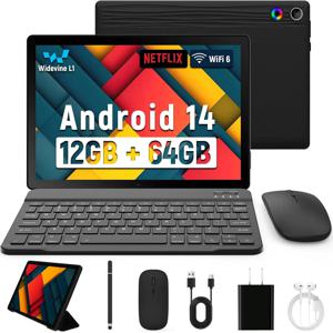 URAO 2025 안드로이드 태블릿 10인치 12GB+64GB 듀얼 카메라 1TB 확장 8in1 태블릿 키트 (키보드, 보호 케이스, 마우스, 스타일러스 포함)