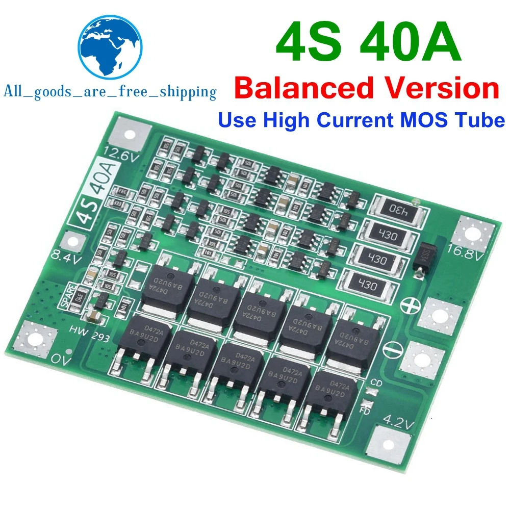 TZT 3S 4S 40A 60A 리튬 이온 리튬 배터리 충전기 보호 보드 18650 BMS 드릴 모터 11.1V 12.6V/14.8V 16.8V 밸런스 포함