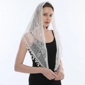 패션 교회 목도리 레이스 베일 폴리 에스터 스카프 두건 교회기도 결혼식 Mantilla 채플 흰색 수 놓은 Hijab 여성 스카프
