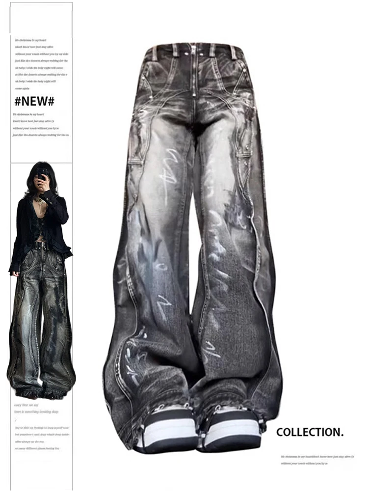 여성 Y2k 낙서 청바지 헐렁한 미적 빈티지 특대 카우보이 바지 하라주쿠 streetwear 2000s Emo Trashy Denim Trousers 2024