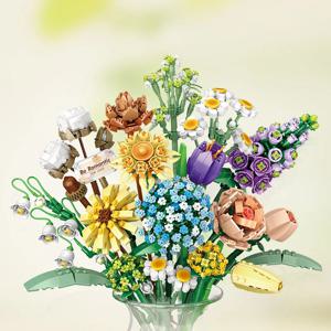 로맨틱 장미 꽃 꽃다발 빌딩 블록 해바라기 모델 벽돌 크리 에이 티브 데스크탑 장식 어린이 DIY 장난감 소녀 선물